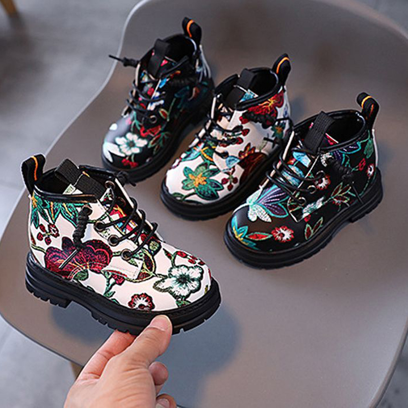 Toddler Kids Boots Girls Boys Flower Print Boots Baby Soft Bottom Boot Children Kidsnest Autumn Winter Fashion Shoes 1-6 Years Size US5.5C-US12.5C