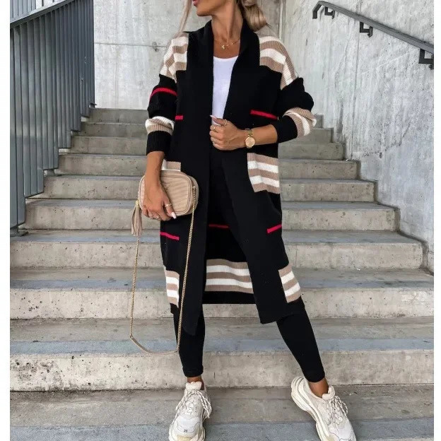 Women Sweater Spring Autumn Cardigan Coats Casual Stripes Knitted Clothe Oversized Long Coat 250812