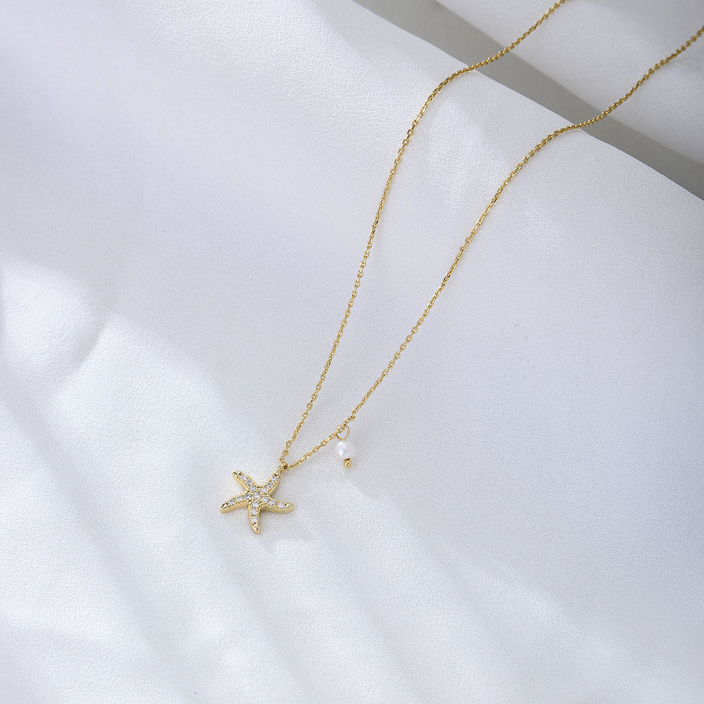 S Pure Sier Simple Full Dia Starfish Pentagram Short Clavicle Chain Pearl Necklace for Women with Unique Design and Light Jewelry for Women