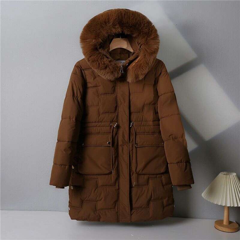Autumn Winter Women Parkas Korean Fashion Solid Fur Collar Hooded Pockets Zipper Thicken Long Drawstring Down Coats Tops