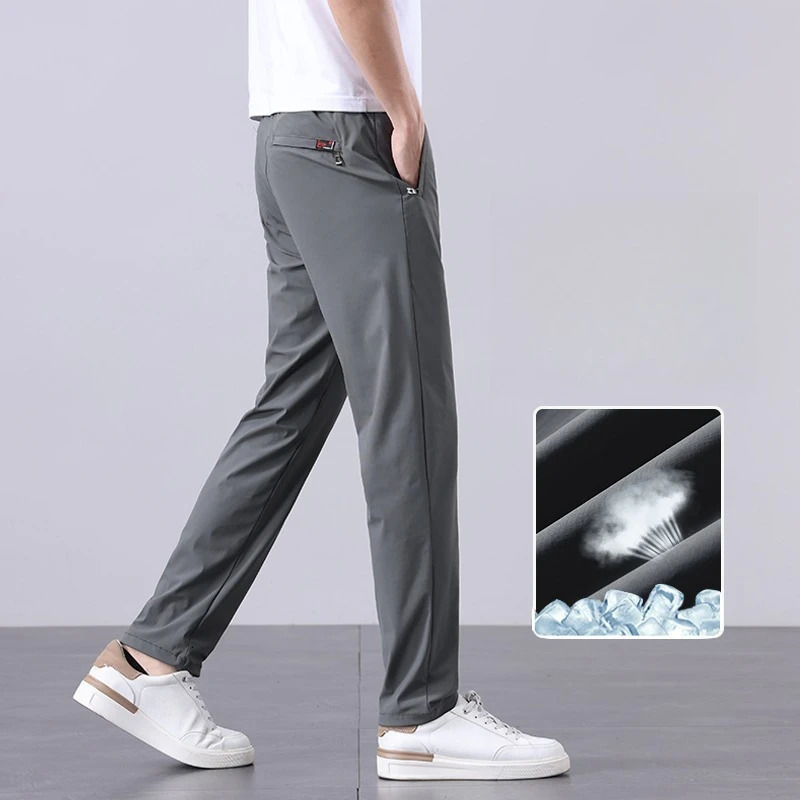 Summer Mens Ice Silk Pants Korean Y2K All Match Elastic Sweatpants Office Business Casual Fashion Straight Suit Trousers 250813