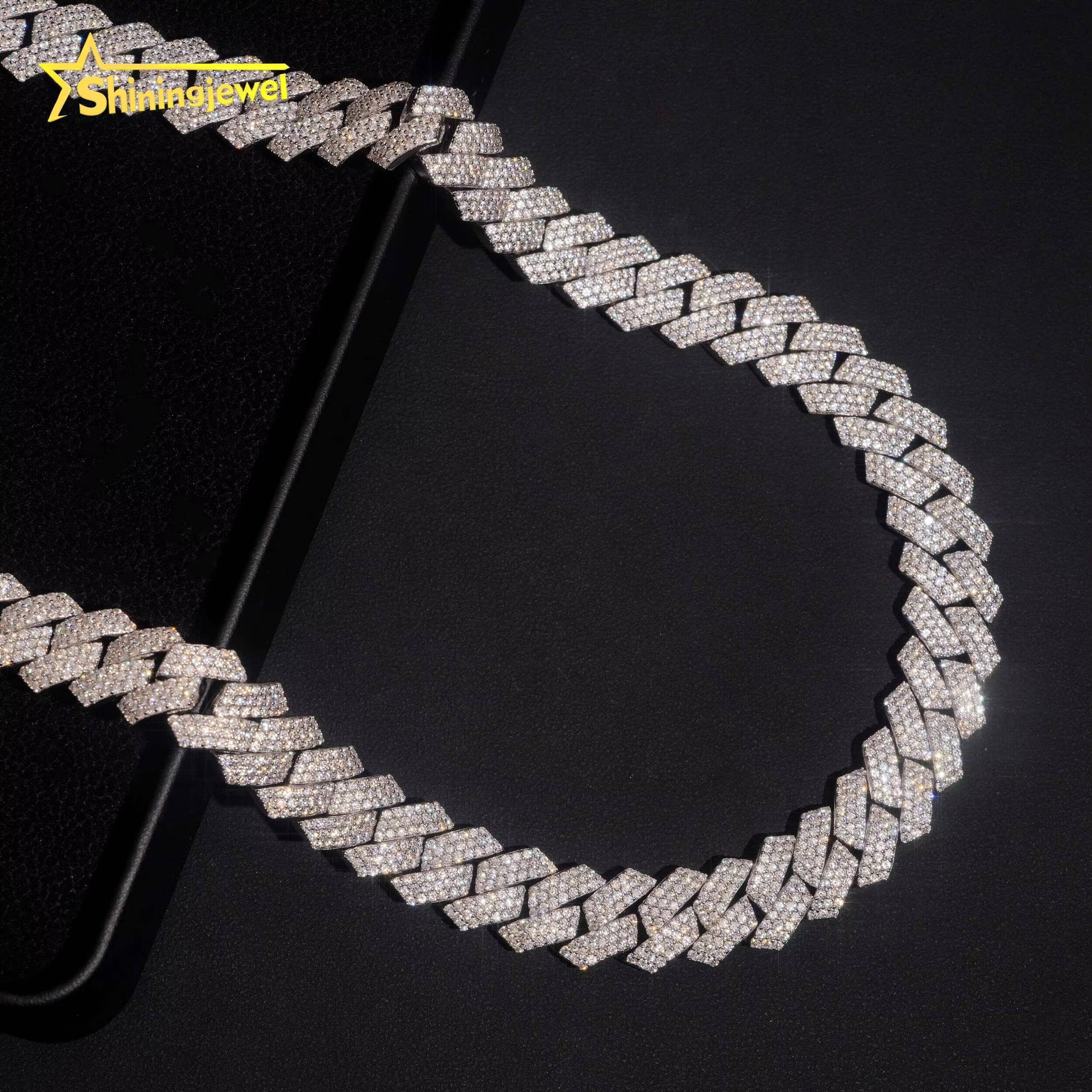 New Design Sier 15MM 3Rows Moissanite Hip Hop Jewelry Iced Out Men Fashion Long Necklace Cuban Link Chain