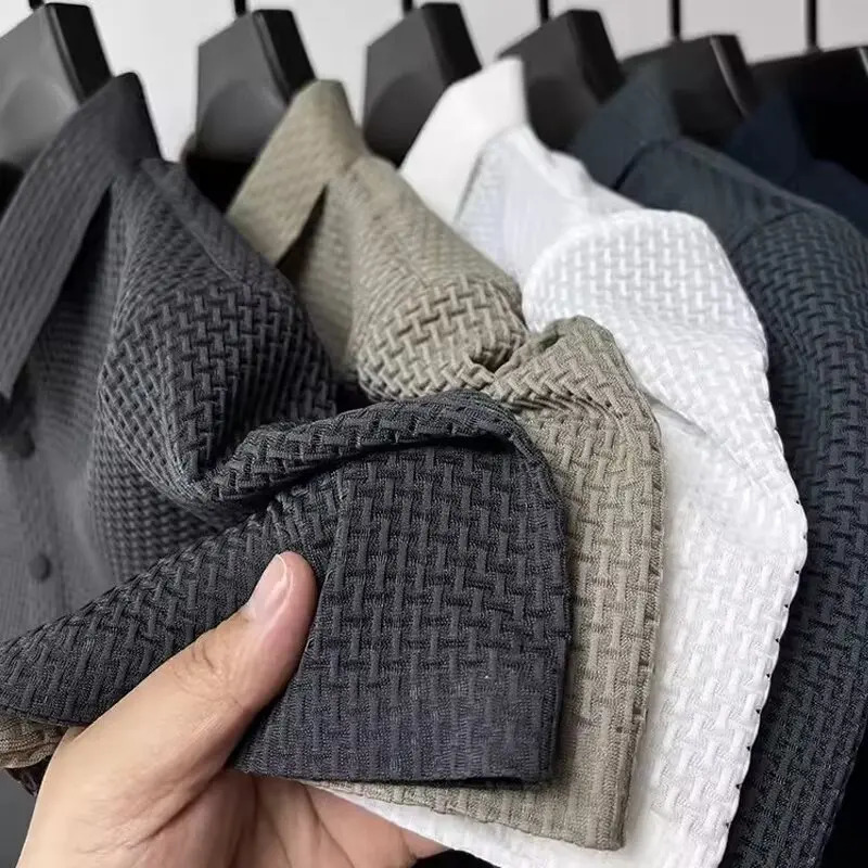 Summer Mens Lop-up Hollow Short-sleeved Polo Tee Shirt Ice Silk Breathable Business Fashion T-Shirt Male Clothes 250813