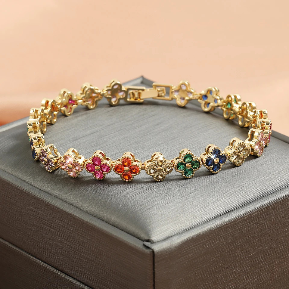 UILZ 1pc Rainbow Colorful Clover Zircon Bracelet Fashion Charm Gorgeous Charm Exquisite Cute Sweet Shining Crystal Jewelry Gift 250808