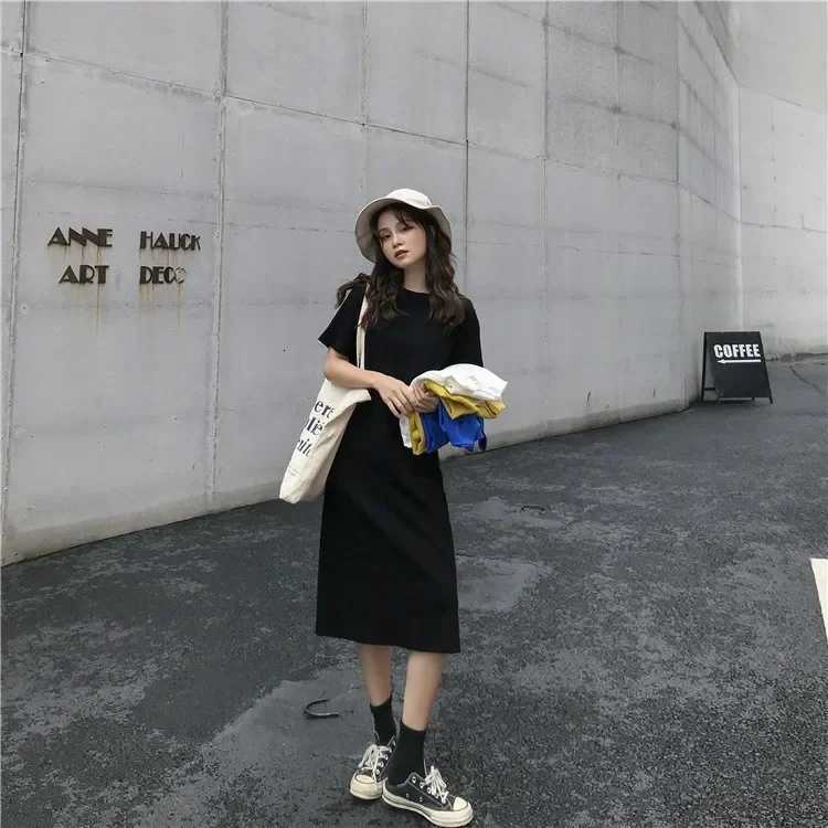 Long T-Shirt Dress Summer Korean Style Womens Mid-Length Short-Sleeve Round Neck Straight Tube Over-Knee Body-Con Dress XJ250814