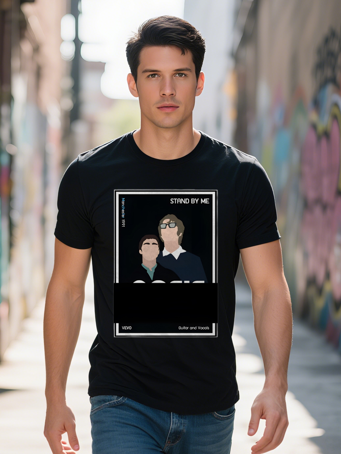 Men s Casual Graphic T Shirt Stand By Me VEVO Design with Guitar Vocals Cartoon Characters on Black Background by