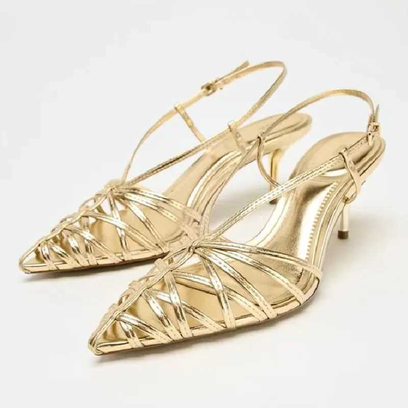Luxury Gold Brand Heels Women Fashion Narrow Strap Hollow Thin High Heel Summer Sandals Sexy Pointed Toe Slingbacks Dress Shoes W250814