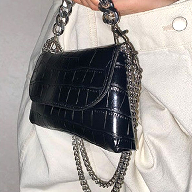 Black Handbag for Women, Crocodile Pattern Chain Small Square Bag, Fashionable Simple Shoulder Crossbody Bag