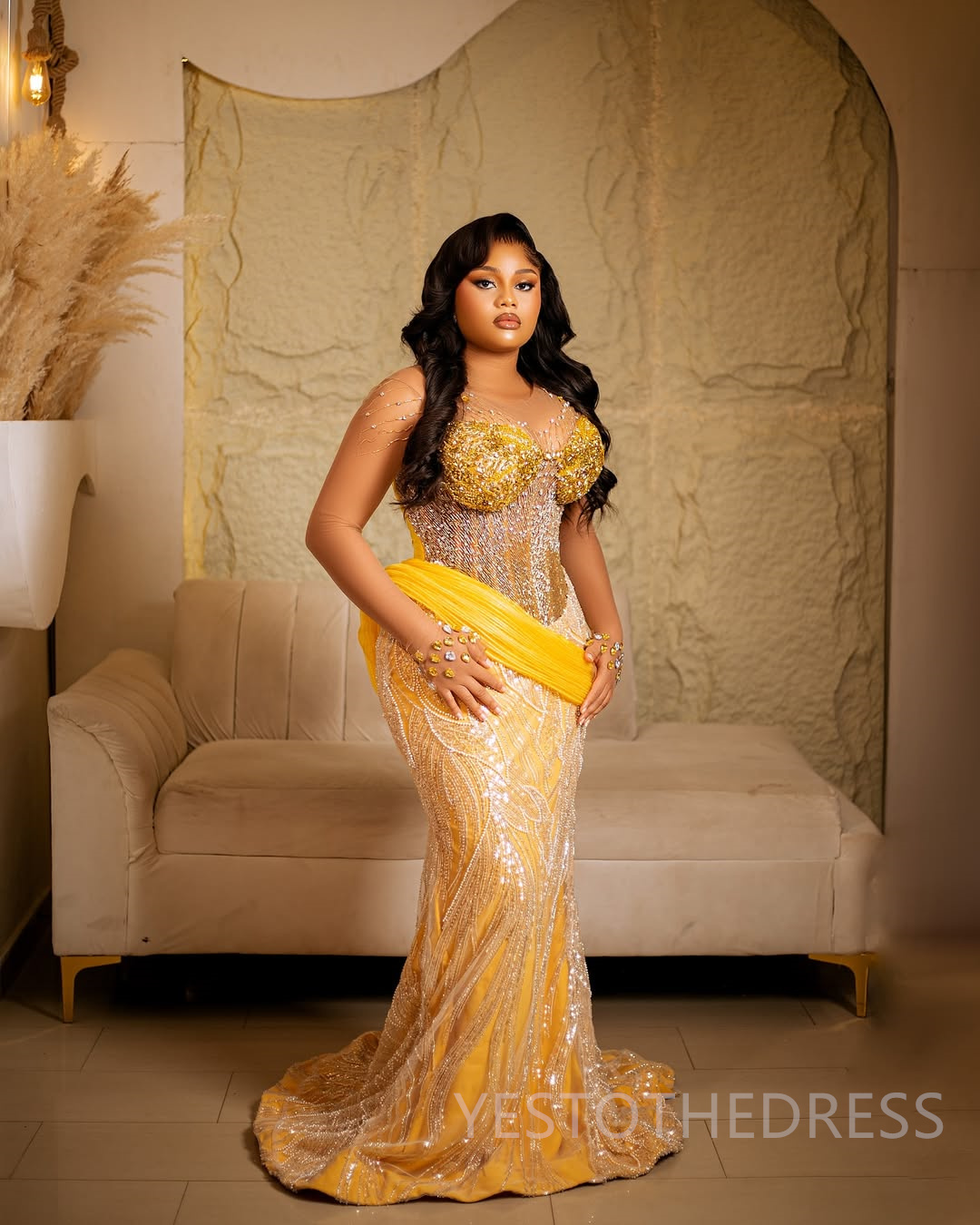 2025 Mermaid Plus Size Yellow Prom Dresses For Black Women Aso Ebi Illusion Sheer Neck Long Sleeves Lace Flora Beaded Birthday Dress Second Reception 