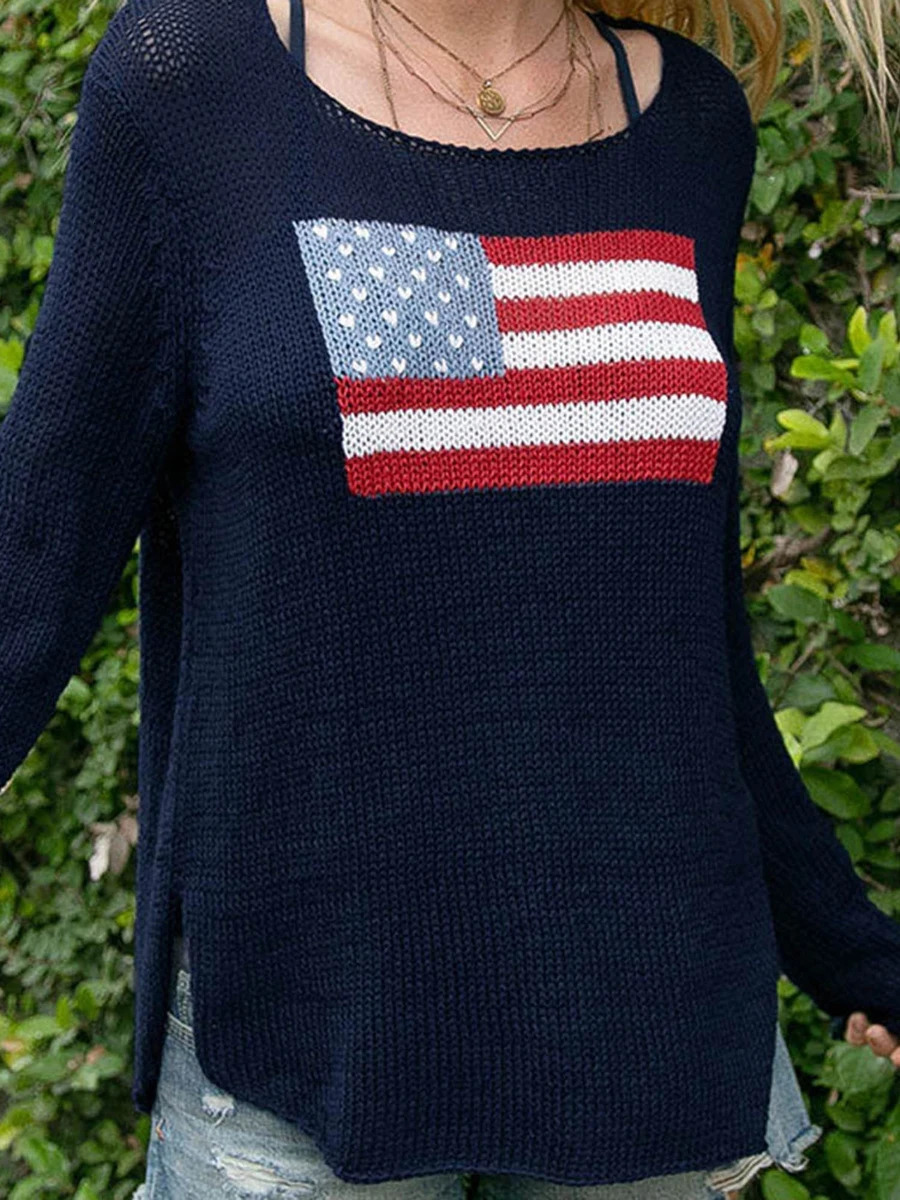 Women s Spring Autumn Knit Sweater Long Sleeve Crewneck Flag Print Loose Fitting Knitwear 250808