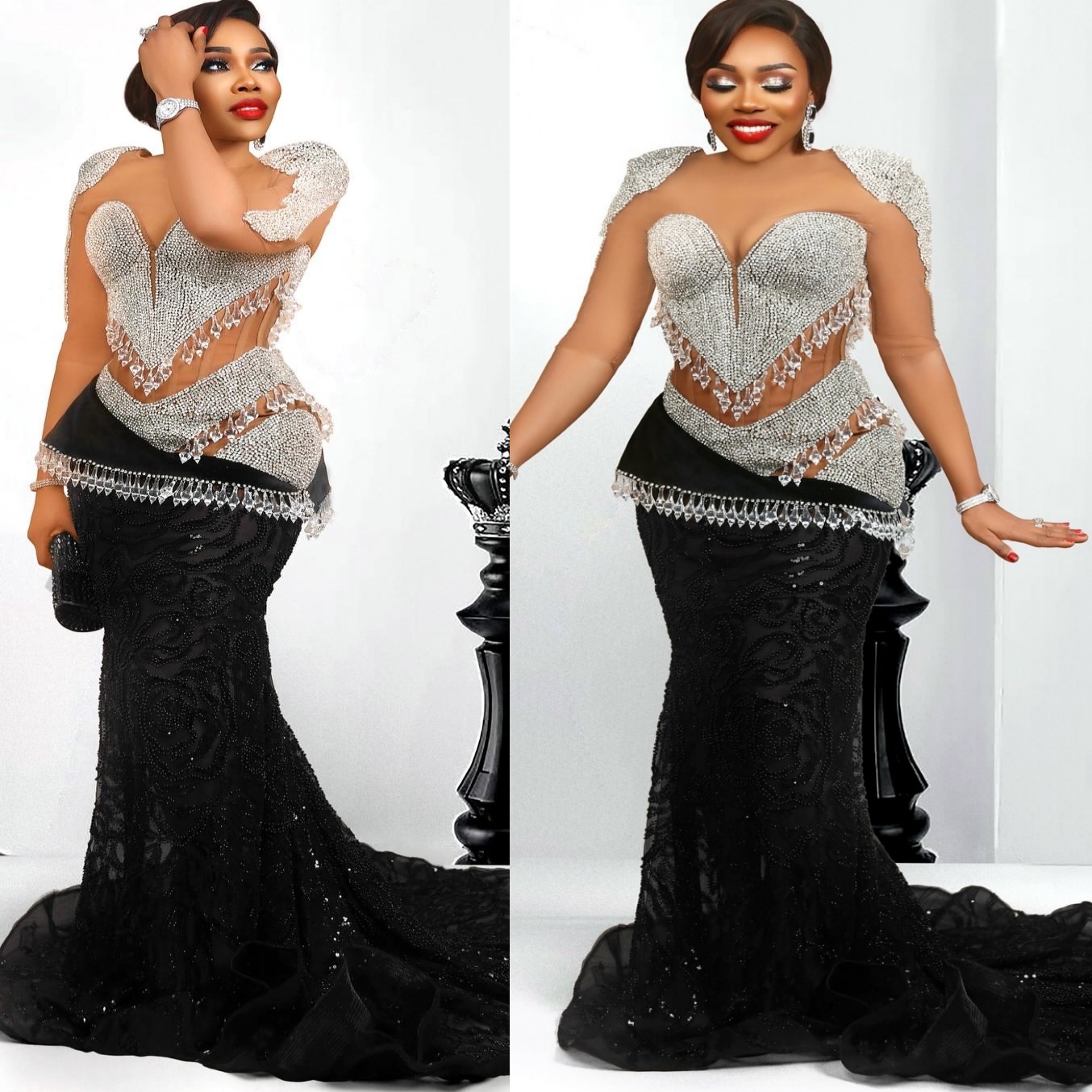 Black Mermaid Prom Dresses 2025 Rhinestones Sequined Illusion Evening Formal Party Second Birthday Engagement Gowns Plus Size Dress For Special Occasi