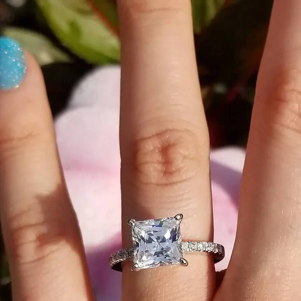 4.6cttw Princess Cut All Moissanite Hidden Halo Rings for Women 925 Sterling Silver Square Diamond Engagement Ring Wedding Band