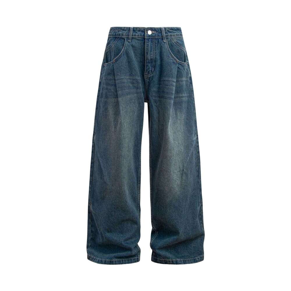 American Style Washed Vintage Double Pleat Jeans Unisex Trendy Loose Wide Leg Floor-Length Casual Pants B5