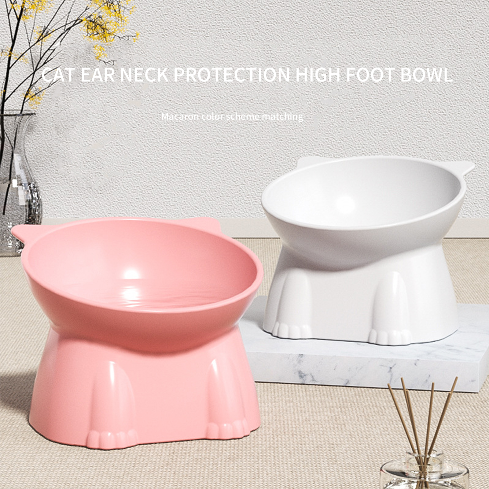 Large capacity cat food bowl plastic cat bowl high footed bowl slanted mouth neck protection cat rice bowl anti spill pet water bowl