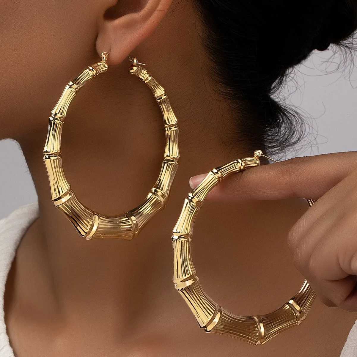 Punk Gold Silver Color Bamboo Hoop Earrings for Women Geometric Big Round Circle Exaggerated Design Hip Hop Party Jewelry XJ250814