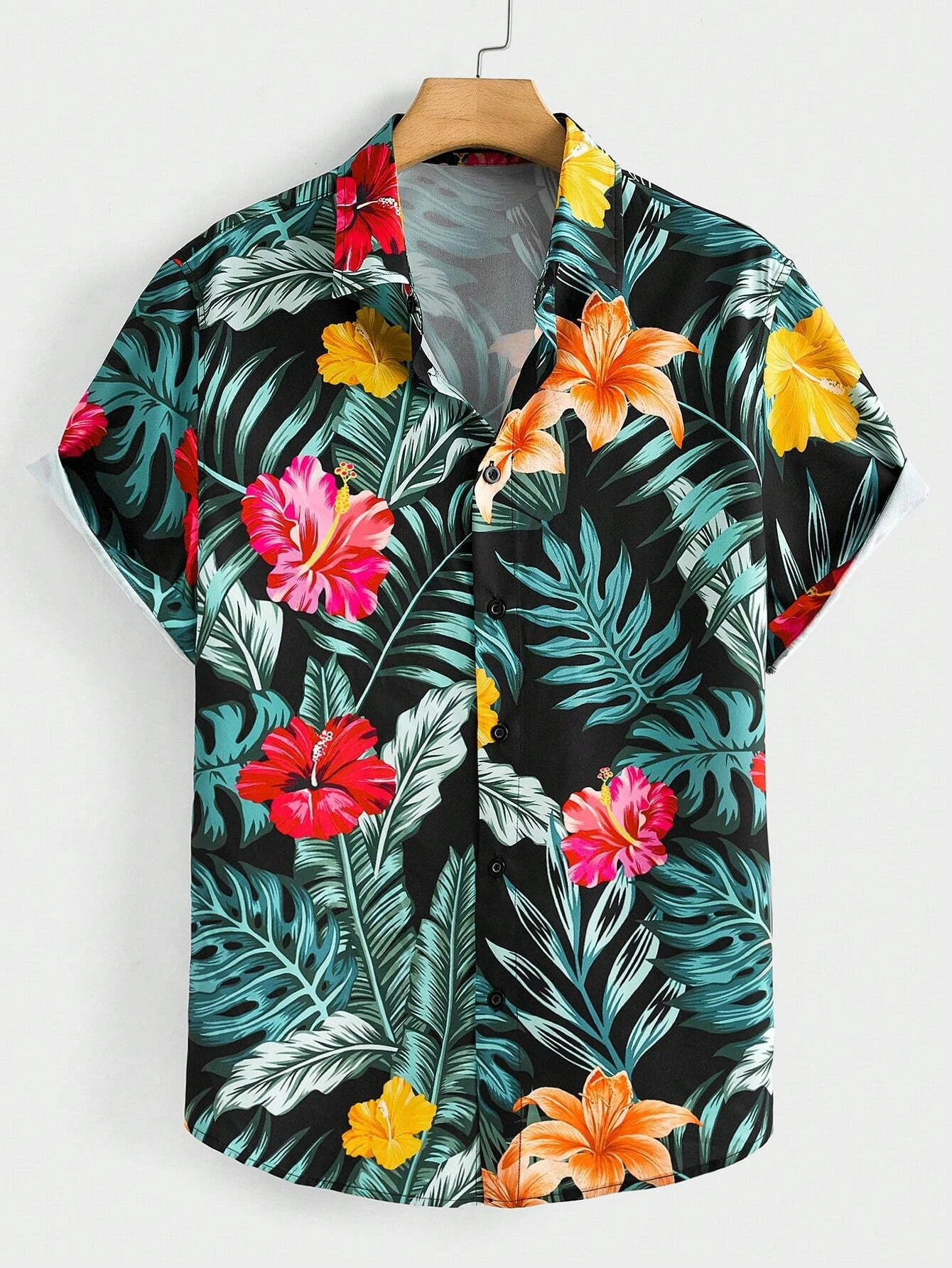 Hawaiian Botanical Flower Print Mens and Womens Short Sleeve Lapel Shirt Seaside ButtonDown Top 250804