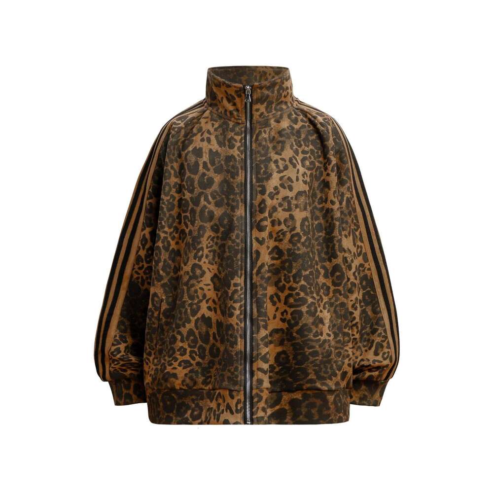 American Style Trendy Leopard Print Design Sweatshirt Set Men Women, Loose Fit, Unique Stand Collar Cardigan Jacket For Autumn And Winter B5