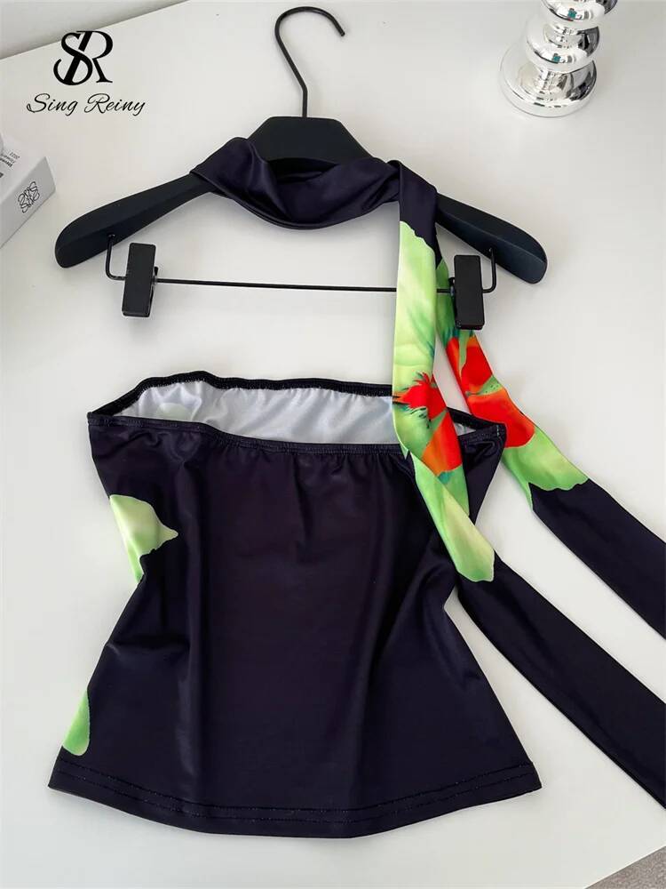 2025 strapless printed top women's satin sleeveless backless slim mini top Korean fashion sexy beachwear Camis designer top