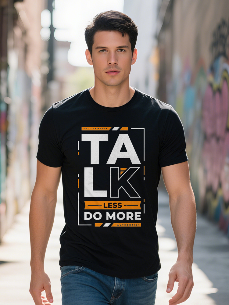 TAUK Men's Casual Graphic T-Shirt Black Orange Geometric Print with Bold TALK LESS DO MORE Lettering Regular Fit