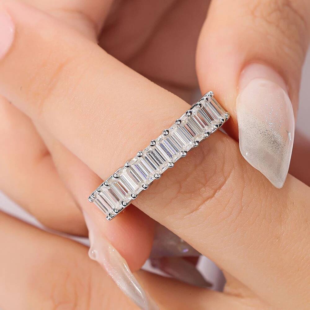 Rectangle Full Mossanite Ring 925 Sterling Silver Plated Gold 2*4mm Emerald Cut Diamond Rings Wedding Eternity Band For Women