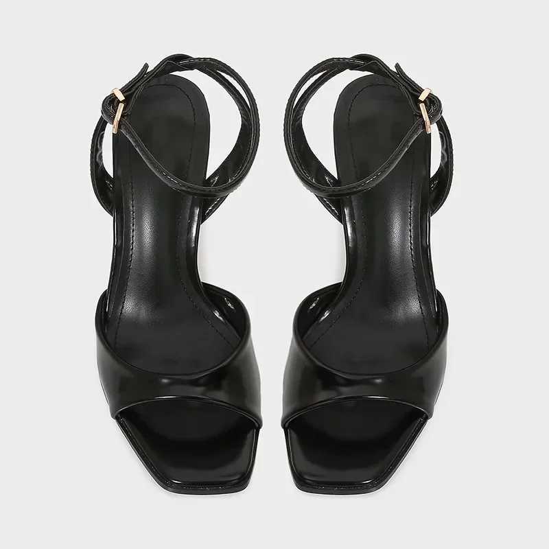Designer Patent Leather Ankle Strap Buckle Heeled Sandals Women Sexy Square Toe Peep Toe High Heels Summer Elegant Office Shoes W250814