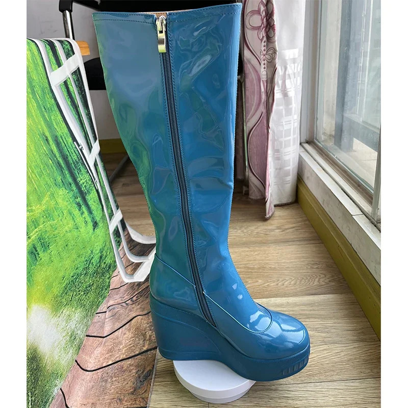 Black White Fashion Show Slope Heel Knee High Boots Womens Party Thick Heel Side Zipper Patent Leather Elastic Boots Size 34-43 250812
