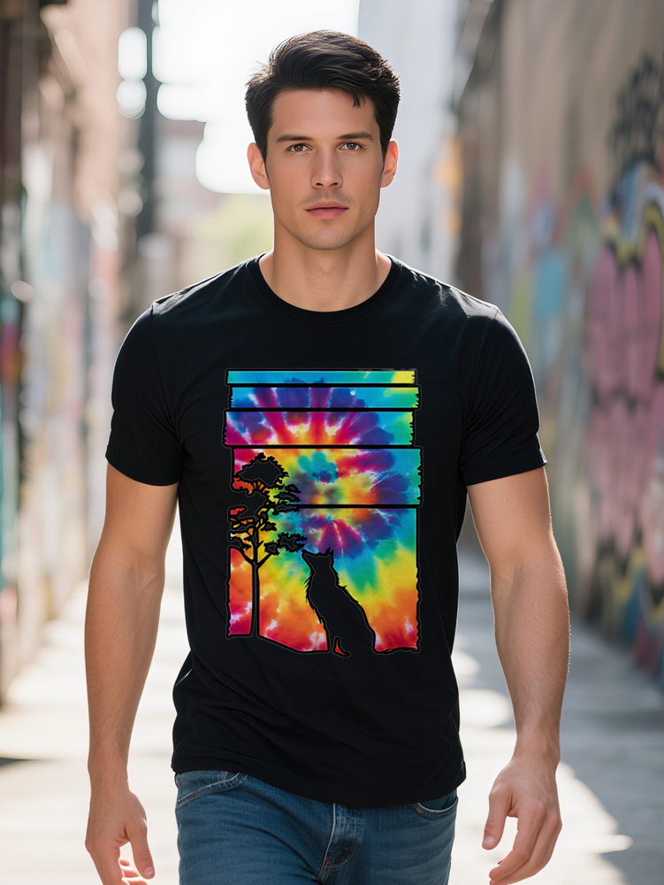 Men s Short Sleeve T Shirt with Tie Dye Background Black Cat Silhouette Print Round Neck Top Regular Fit Attire