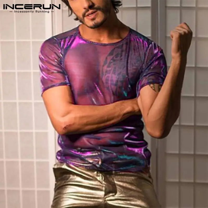 INCERUN Men T Shirt Mesh See Through Shiny O Neck Short Sleeve Sexy Tee Tops Streetwear Solid Party Nightclub Men Clothing 250813