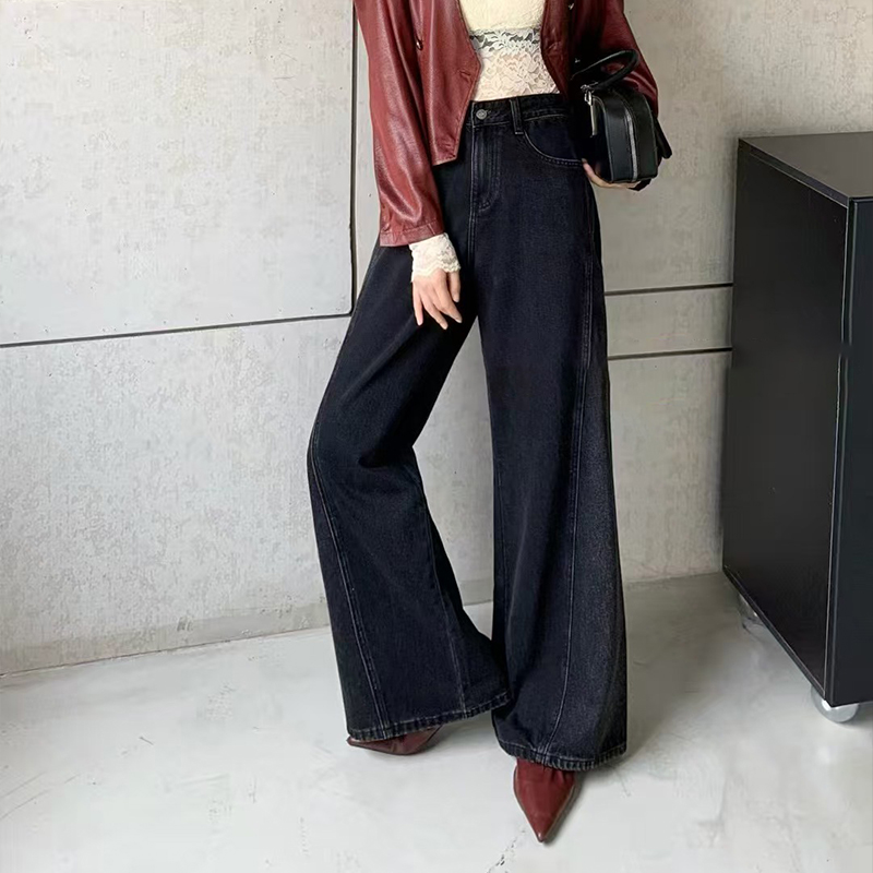 High-Quality Black Non-Elastic Wide-Leg Floor-Length Jeans