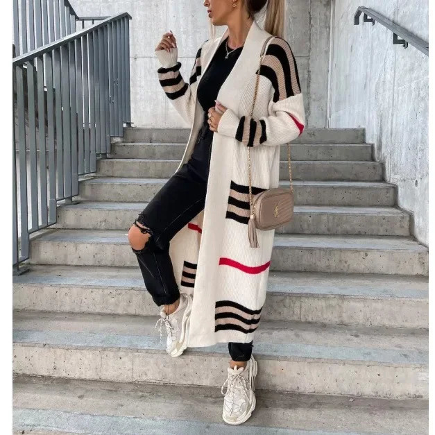 Women Sweater Spring Autumn Cardigan Coats Casual Stripes Knitted Clothe Oversized Long Coat 250812