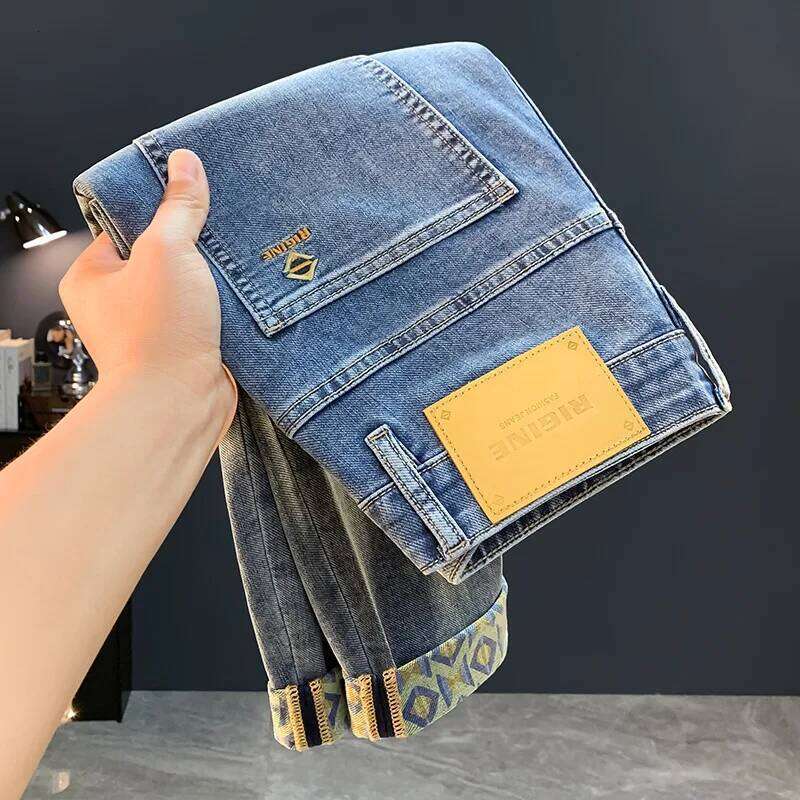 Trendy Embroidered Printed Jeans for Men 2025 New Fashionable Brand Slim Fit Elastic Washed Small Straight Pants