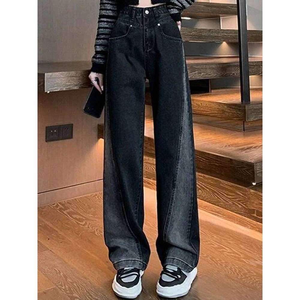 Woman Waist Jeans Lady American High Street Patchwork Straight Pants Girls Black Gray Contrast Color Wide Leg Trousers