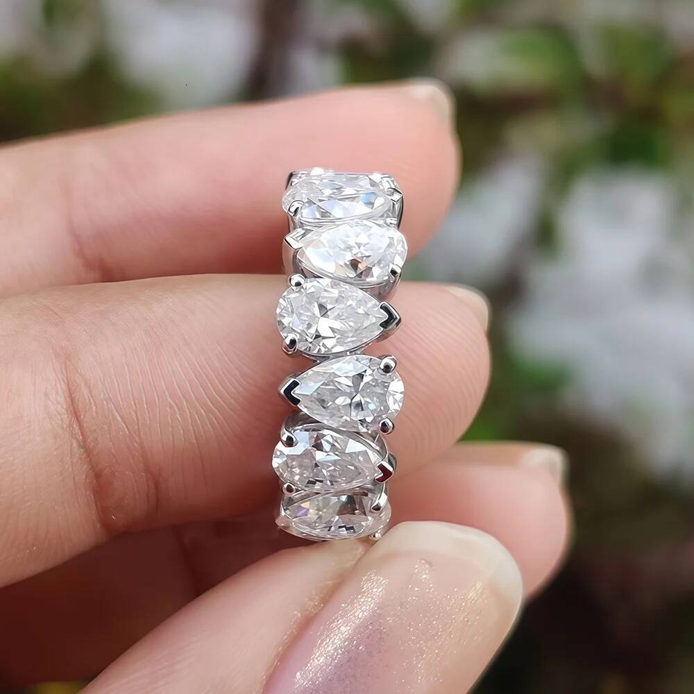 Waterdrop Moissanite Eternity Band Pear Cut Full Diamond Wedding Rings with GRA S925 Silver Stackable Wedding Ring for Women Men