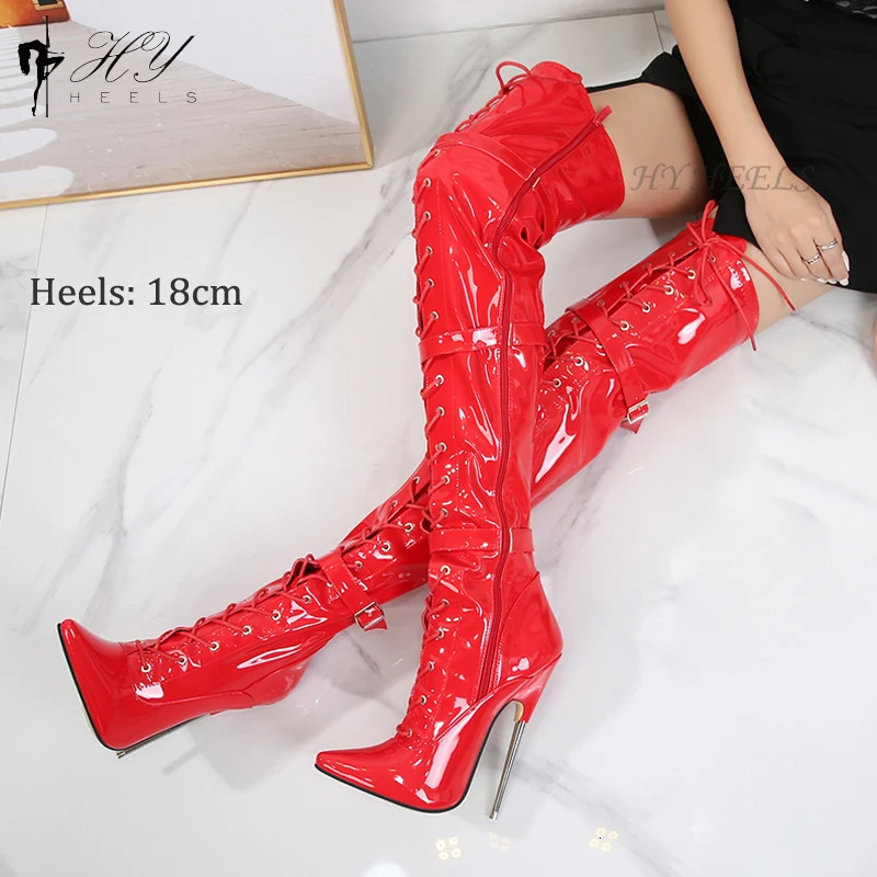 18CM Super High Heel Pointed Toe Over-the-knee Boots Patent PU Stiletto Metal Heels Zip Crotch Long Boots Custom Made 250812