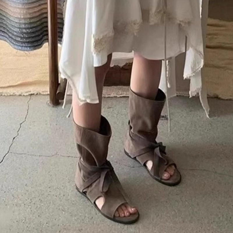 Designer Cowboy Boots Fashionable Women High Top Flats Women Summer Lace Up Open Toe Sandals Western Boots 35-40 XY74