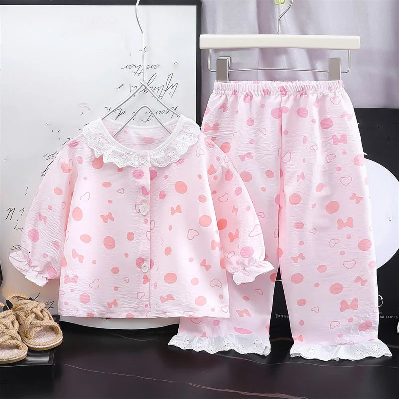 Girls Kids Home Clothes Set Loose Thin Baby Pajamas Fashion Lace Floral Princess Children Air Conditioner Long SleevePants 250813