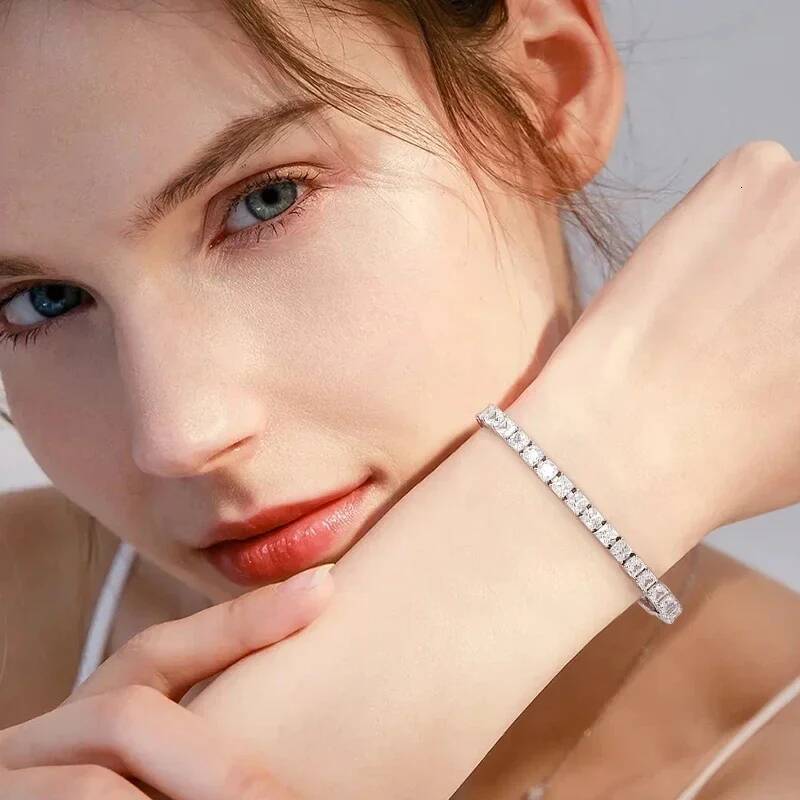 NKHOG Real 4mm Princess Cut Square Moissanite Tennis Bracelet Women Men S925 Silver Party Wedding Bangles GRA Fine Jewelry Gifts