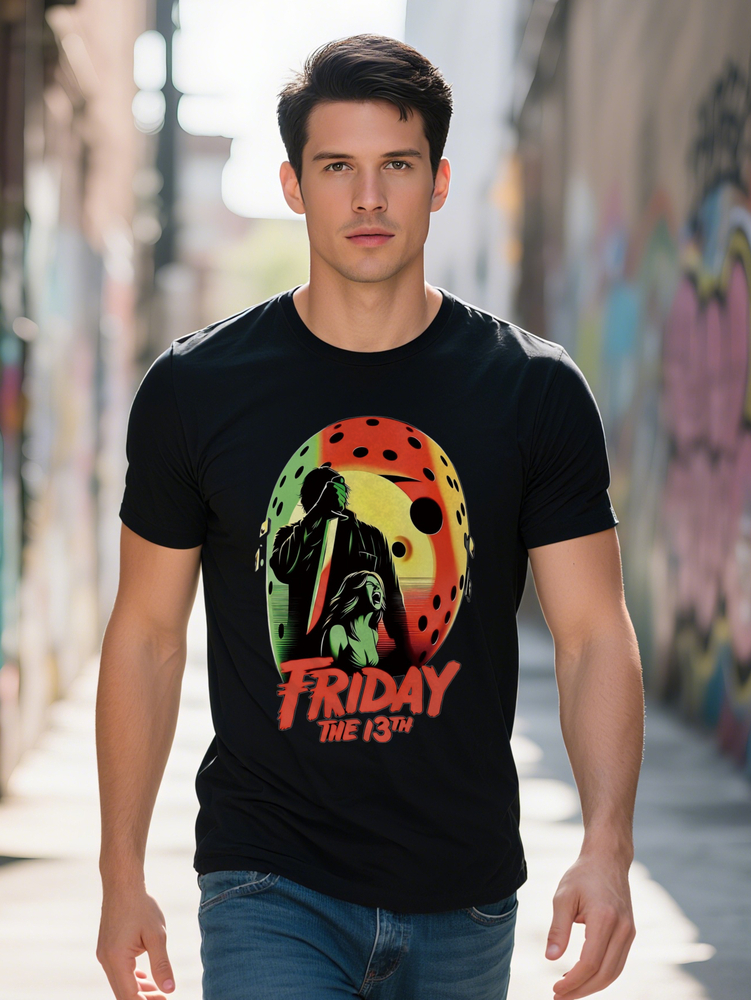 Men s Graphic T-Shirt Black Horror Inspired Friday the th Jason Voorhees Mask Knife Silhouette Print Red Green