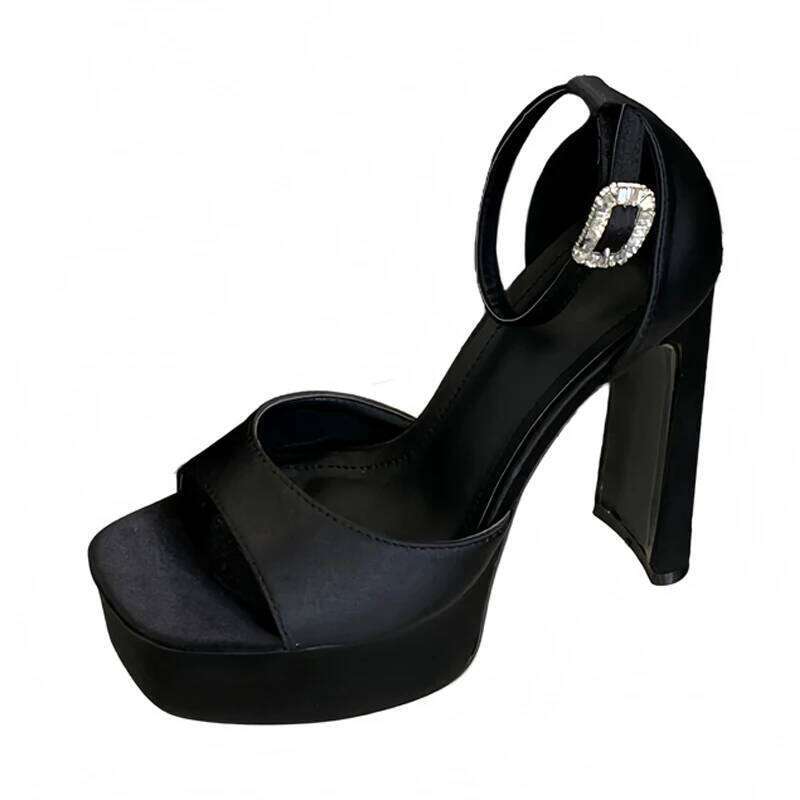 Liyke Runway Style Black High Heels Platform Sandals For Women Cozy Silk Square Toe Buckle Strap Lady Party Dress Shoes Size 40