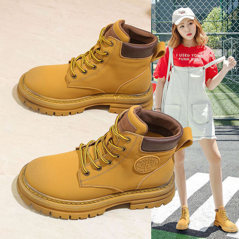 TikTok Martin for Women 2025 Autumn Winter New Thick-Soled British Style Yellow with Fleece Lining Warm Short Boots