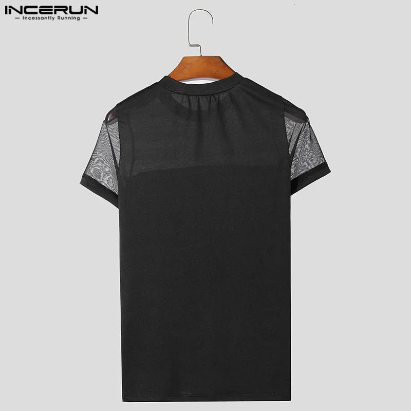 Men T Shirt Mesh Patchwork O-neck Short Sleeve Sexy Men Clothing Summer Transparent Fashion Party Camisetas S-5XL INCERUN 250813