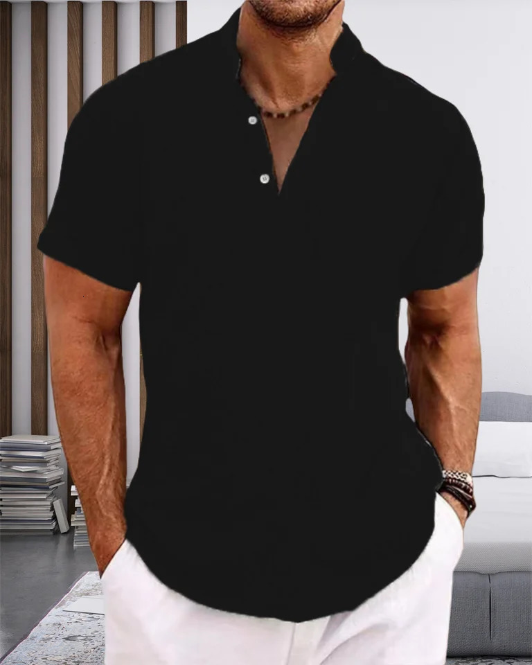 mens tiedyed Henry collar casual beach shortsleeved fashionable solidcolor top Tshirt highquality street shortsleeve 250804