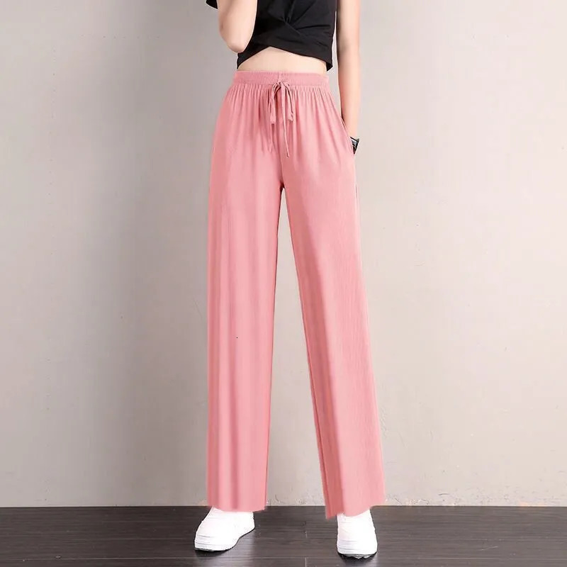 1pcs Summer Women Ice Silk Pant Female High Elastic Waist Drawstring Pocket Loose Straight Trousers Student Sports 250808