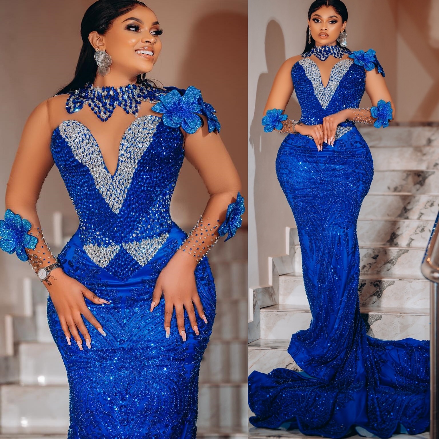 Royal Blue Mermaid Prom Dresses 2025 Flowers Crystals Sequined Evening Formal Party Second Birthday Engagement Gowns Plus Size Dress For Special Occas