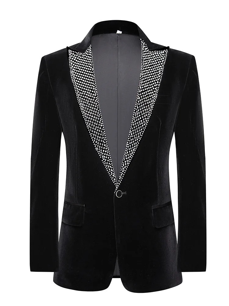 Formal Wedding Suit Jackets Black Velvet Rhinestones Collar Blazer Banquet Prom Party Tuxedo Male Singer Concert Stage Suit Coat 250811