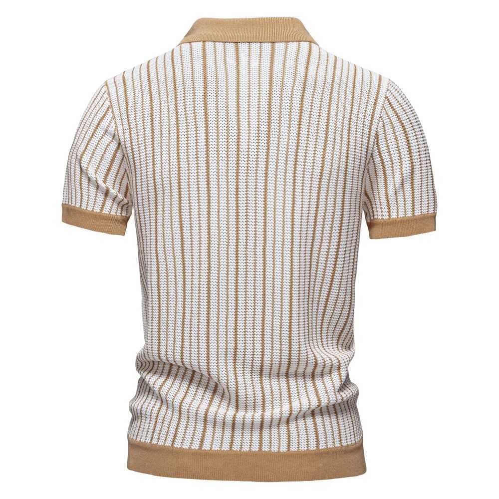 2025 Mens Striped Mesh Polo Shirt - Breathable Contrast Panel Knit Top with Turn-Down Collar XJ250804