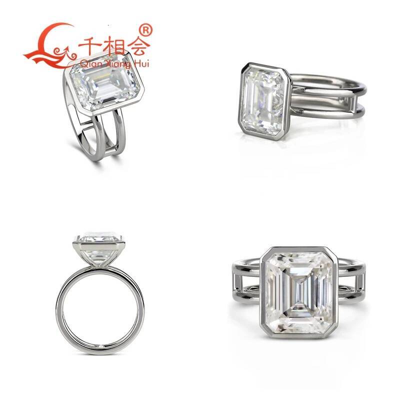 10x12mm 8ct Emerald Cut D white Moissanite Ring with Two Circle Design 925 Sterling Silver Jewelry Gift for Wedding