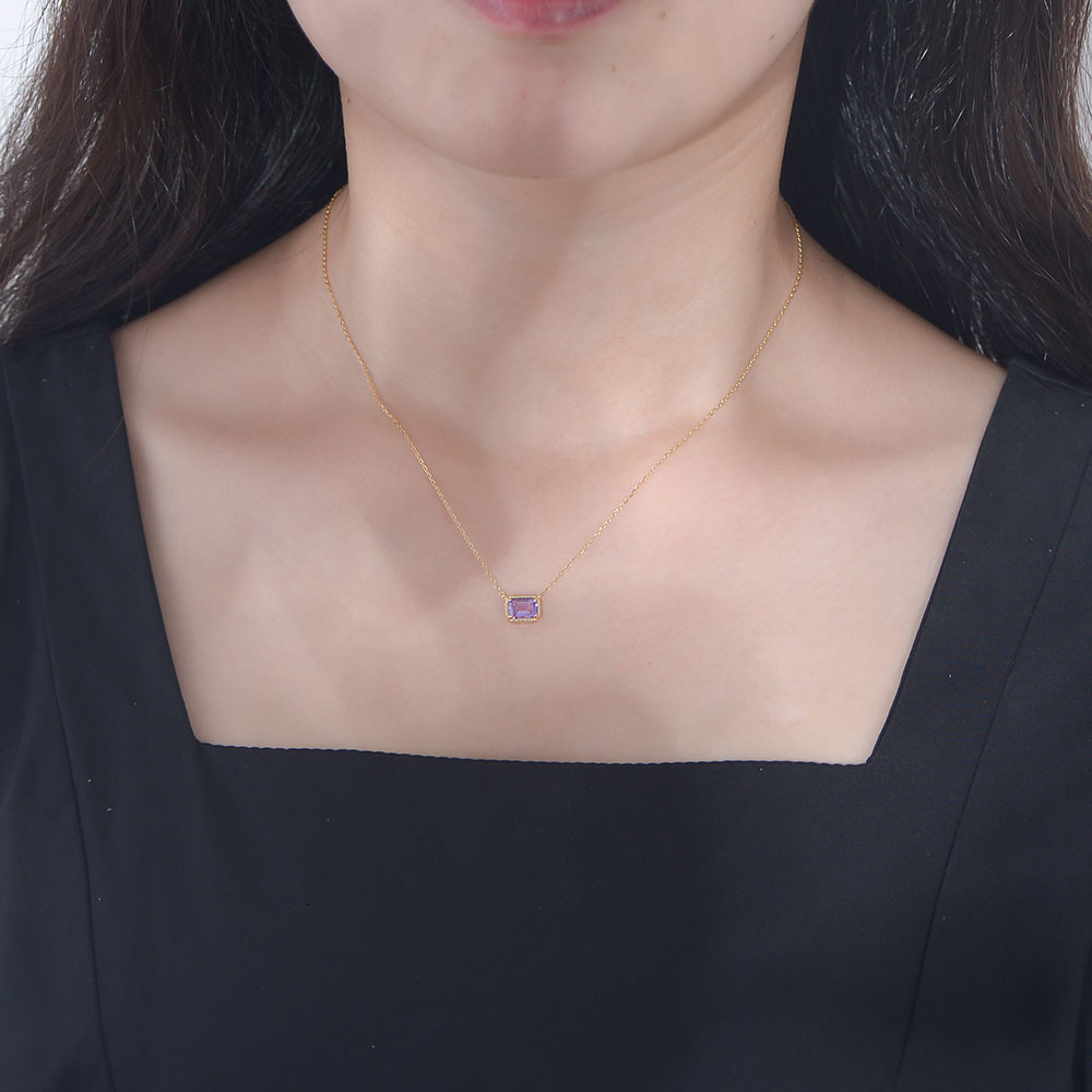 INS Rectangular Natural Amethyst Sterling Sier Necklace for Women Simple High-end Versatile Collarbone Chain Jewelry Jewelry for Women