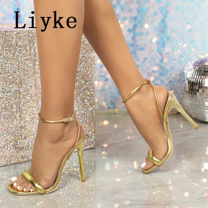 2025 Summer Sexy Gold High Heels Gladiator Sandals Women Fashion Square Toe Ankle Buckle Strap Stiletto Party Dress Shoes W250814