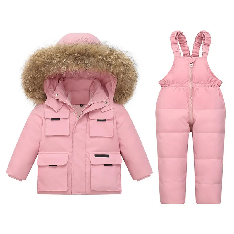 Kid Winter Warm 90% White duck down Jacket Toddler Girl clothes Overalls Baby Boy Coat parka real fur Children Clothing Set 2pcs 250813